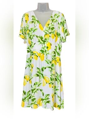 LOFT Lemon Print Flutter Sleeve Dress V-Neck White Yellow Size 14 Classic Summer